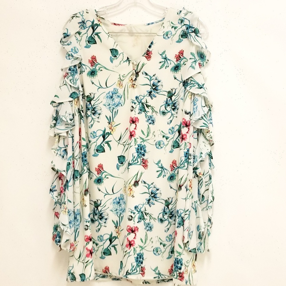 Silk Ruffle Floral Cold-Shoulder Tunic NEW - Picture 3 of 4